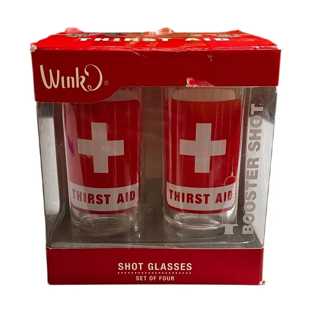 Wink Thirst Aid Shot Glasses Set of 4 Red White Medical‎ Novelty Booster Shot